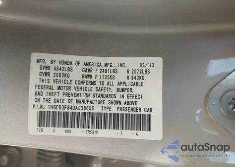 2013 Honda Accord Ex-L V-6 z USA, uszkodzony, nr VIN 1HGCR3F84DA038656
